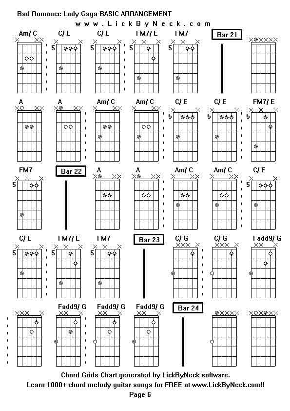 Chord Grids Chart of chord melody fingerstyle guitar song-Bad Romance-Lady Gaga-BASIC ARRANGEMENT,generated by LickByNeck software.